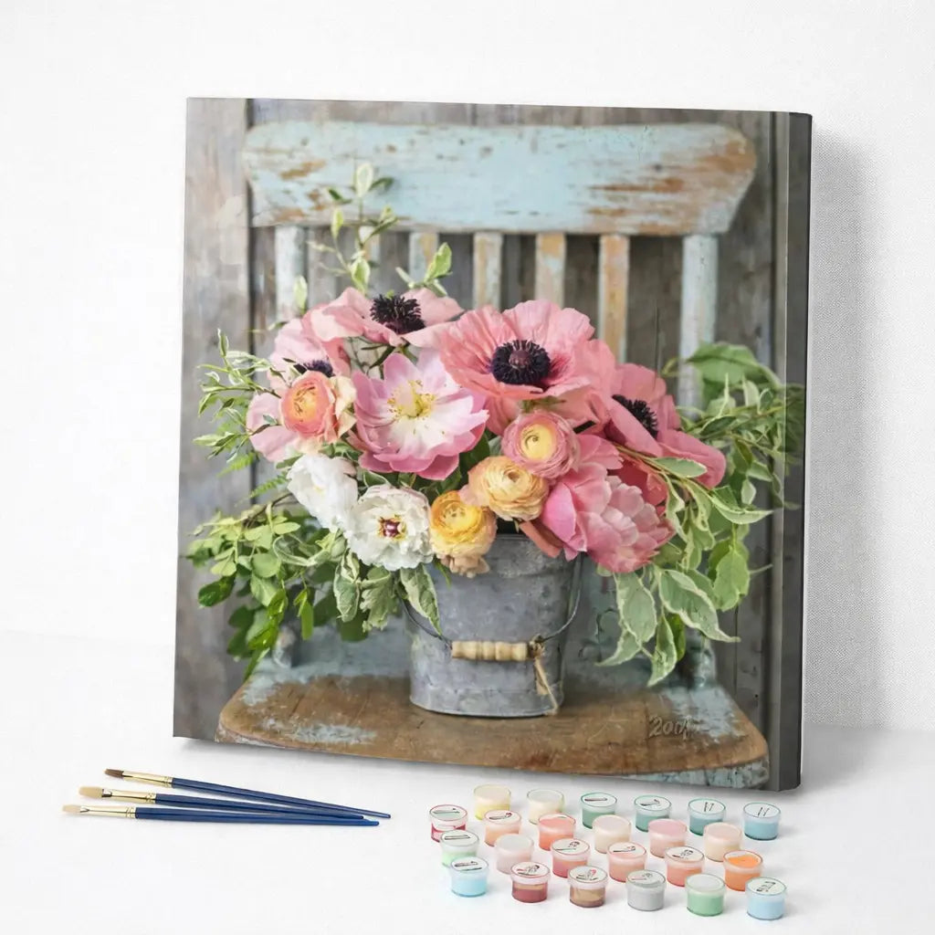 Pink Flowers in Rustic Bucket