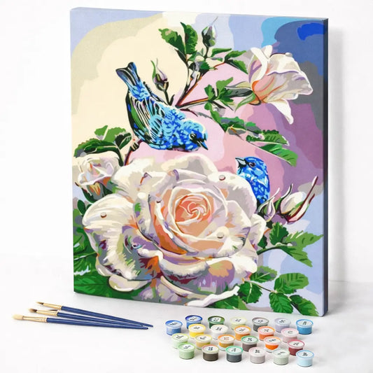 Blue Birds and White Rose