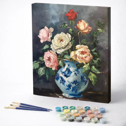 Roses in Blue Porcelain Vase